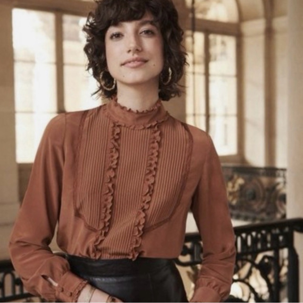 Sézane Jules silk ruffle turtleneck Caramel - 4 / 36